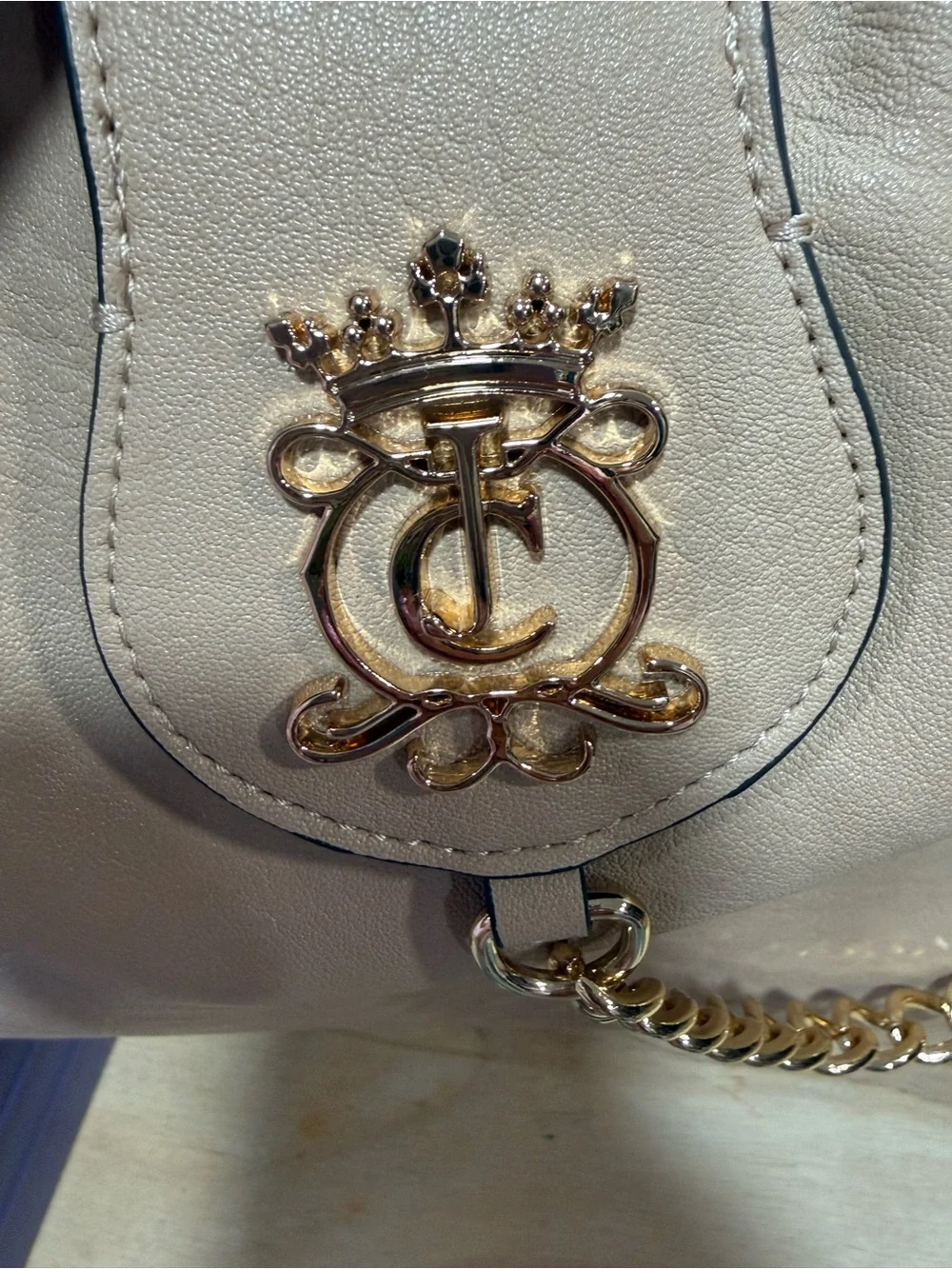 Juicy Couture Royal Crest Beige large Hobo Bag with Gold Chain